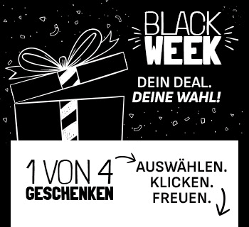 Grafik im Hochformat mit schwarzem Hintergrund und weiß gezeichneter Geschenkbox. Text: „Black Week – Dein Deal. Deine Wahl!“ sowie „1 von 4 Geschenken – auswählen, klicken, freuen“.
