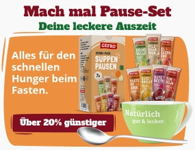GEFRO Kombi-Pack Suppenpausen mit verschiedenen Suppen und Snacks. Über 20 Prozent günstiger – ideal für den schnellen Hunger beim Fasten.