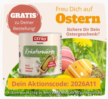 Große „Ostern“-Beschriftung, GEFRO Kräuterwürze und dekorierte Ostereier im Nest; Hinweis auf Gratis-Zugabe und Aktionscode 2026A11.