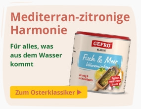 Dose „GEFRO Fisch & Meer Würzmischung“, beschrieben als mediterran-zitronige Gewürzmischung für Fischgerichte.