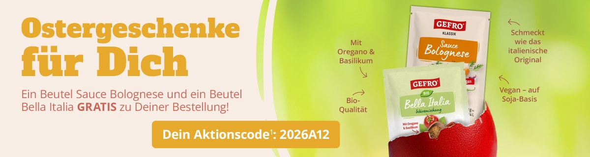 Zwei Gefro Produkte im Osterei: vegane Bolognese-Sauce und Bella Italia Gewürz, gratis mit Code 2026A12.