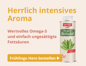 Dose „GEFRO Omega-3 Bärlauch-Öl“, beworben mit intensivem Aroma und wertvollen Omega-3-Fettsäuren.