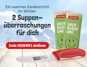 Werbebanner von GEFRO: Zwei grüne Beutel „Überraschung“ stehen auf einem Holztisch neben einem Messer mit rotem Griff. Daneben der Text „Ein warmes Dankeschön im Winter – 2 Suppenüberraschungen gratis für dich“. Ein roter Button mit der Aufschrift „Jetzt Code 2026WK1 einlösen“ sowie ein roter Kreis mit dem Hinweis „Gratis“.