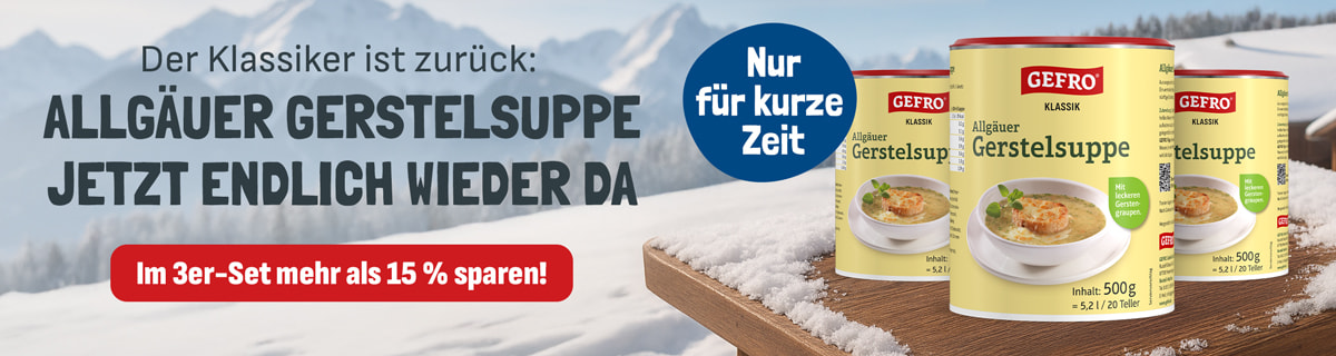Werbebanner von GEFRO: Zwei grüne Beutel „Überraschung“ stehen auf einem Holztisch neben einem Messer mit rotem Griff. Daneben der Text „Ein warmes Dankeschön im Winter – 2 Suppenüberraschungen gratis für dich“. Ein roter Button mit der Aufschrift „Jetzt Code 2026WK1 einlösen“ sowie ein roter Kreis mit dem Hinweis „Gratis“.