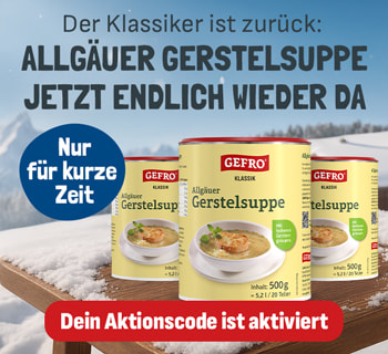 Werbebanner von GEFRO: Zwei grüne Beutel „Überraschung“ stehen auf einem Holztisch neben einem Messer mit rotem Griff. Daneben der Text „Ein warmes Dankeschön im Winter – 2 Suppenüberraschungen gratis für dich“. Ein roter Button mit der Aufschrift „Jetzt Code 2026WK1 einlösen“ sowie ein roter Kreis mit dem Hinweis „Gratis“.