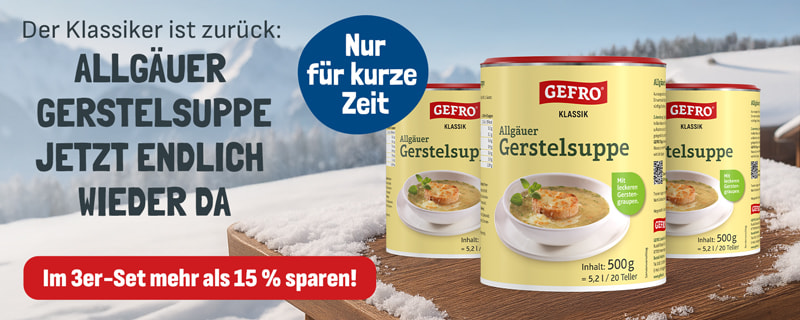 Werbebanner von GEFRO: Zwei grüne Beutel „Überraschung“ stehen auf einem Holztisch neben einem Messer mit rotem Griff. Daneben der Text „Ein warmes Dankeschön im Winter – 2 Suppenüberraschungen gratis für dich“. Ein roter Button mit der Aufschrift „Jetzt Code 2026WK1 einlösen“ sowie ein roter Kreis mit dem Hinweis „Gratis“.