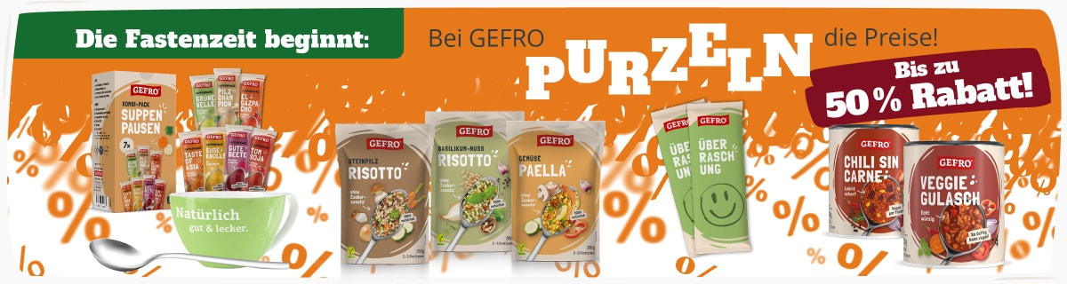 Große Fastenaktion bei GEFRO mit bis zu 50 Prozent Rabatt auf Suppenpausen, Risotto-Sets, Paella sowie Chili sin Carne und Veggie Gulasch.