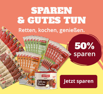 Gefro Aktionsbanner mit Suppen- und Saucenprodukten: 6× Suppenpause und 1× Soße zu Braten. Hinweis: 50 % sparen. Slogan: Sparen & Gutes tun