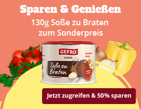 Gefro Soße zu Braten im 130 g Glas zum Sonderpreis, umgeben von Gemüse-Illustrationen