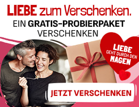 Valentinstags-Teaser von Gefro mit lachendem Paar und Geschenkpaket mit Schleife. Text: „Liebe zum Verschenken. Ein Gratis-Probierpaket verschenken.“ Herzsymbol mit Hinweis „Liebe geht durch den Magen“. Button „Jetzt verschenken“.