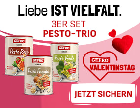 Valentinstags-Teaser von Gefro mit drei Pesto-Produkten (Pesto Rosso, Pesto Funghi und Pesto Verde). Herzsymbole und Valentinstagslogo. Text: „Liebe ist Vielfalt. 3er Set Pesto-Trio.“ Button „Jetzt sichern“.