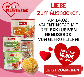 Kompakter Valentinstags-Banner von Gefro mit Produkten der Genussbox, Herzen und Valentinstags-Logo. Text: „Liebe zum Auspacken“ und Hinweis auf die exklusive Genussbox zum Valentinstag am 14.02. Angebotspreis 16,90 Euro statt 22,00 Euro, Button „Jetzt zugreifen“.