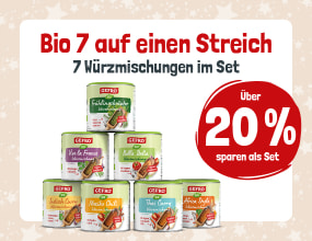 Werbegrafik zum GEFRO Bio-Würzset mit sieben übereinander gestapelten Gewürzmischungen. Text: ‚Bio 7 auf einen Streich – 7 Würzmischungen im Set – Über 20 % sparen als Set.