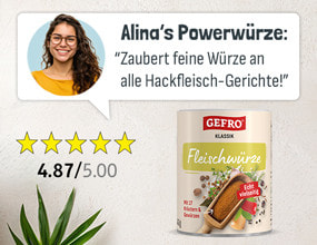 Unsere Kundin Alina empfiehlt : Die Fleischwürze - Alinas Powerwürze "Zaubert feine Würze an alle Hackfleisch-Gerichte!" Sterne Bewertung von 4,88 aus 5 Sternen