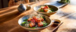 Honig-Tofu auf Zuckerschoten-Glasnudelsalat