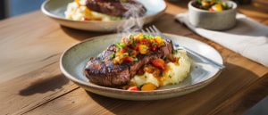 Rumpsteak mit Aprikosen-Tomaten-Salsa und Knoblauch-Kartoffelpüree