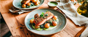 Gebackenes Wildlachsfilet auf Sauerampfersoße mit Bärlauchkartoffeln