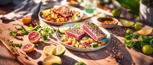 Gegrilltes Thunfischsteak mit Papaya-Gurken-Relish
