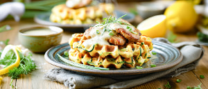 Zucchini-Kartoffelwaffeln mit Schweinemedaillon in Zitronensoße