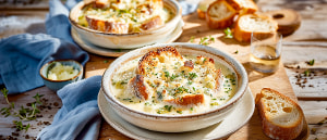 Käsefondue-Auflauf mit Lauch und Röstbrot