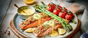 Lachsfilet in Samen-Mix-Meerrettichkruste mit Grünspargel und Sauce Hollandaise