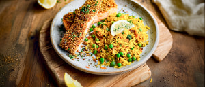 Curcuma-Gemüsereis mit Lachsfilet im Samenmantel