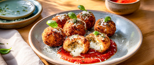 Frittierte Risottokugeln mit Mozzarellafüllung und Tomatensoße