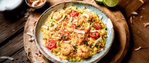 Kokos-Paella mit Shrimps