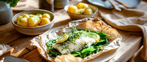 Kabeljaufilet auf Kräuterbett in Pergament gegart