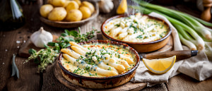 Gratinierter Spargel mit Sauce Hollandaise und Ziegenkäse