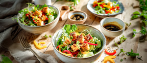 Grüner Salat mit gebackenem Schafskäse und Paprika in Tomatendressing