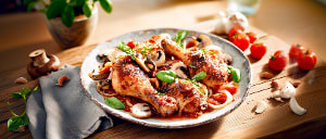 Hähnchenkeulen mit Champignons in Tomatensoße mit Basilikum