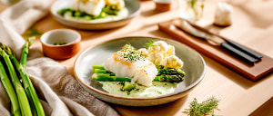 Kabeljau mit Blumenkohl-Petersiliencreme und grünem Spargel