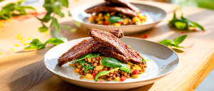 Linsen-Paprikasalat mit Rindfleischschnitzel