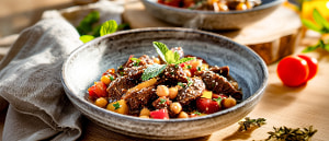 Rindfleisch mit Kichererbsen in Sesamsoße