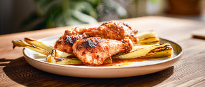Scharfe Hähnchenkeulen mit gegrilltem Lauch in Tomatendressing