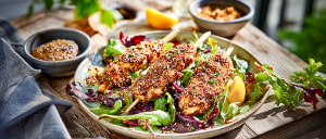 Hähnchenbrustspieße im Samen-Mix-Mantel mit sommerlichen Blattsalaten