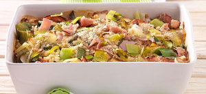 Perlgraupen-Lauchgratin mit gekochtem Schinken