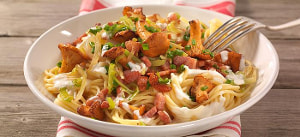 Spaghetti mit Pfifferlingen, Lauch und Speck