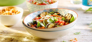 Veganer Auberginensalat mit Basilikum, Minze und Wassermelone