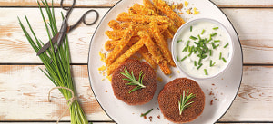 Veggie Pflanzerl mit knusprigen Süßkartoffeln-Pommes und Kräuterquark